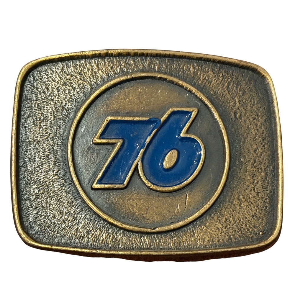 Vintage 1970s Union 76 Gas Station Belt Buckle Blue Enamel Logo Petroliana Brass